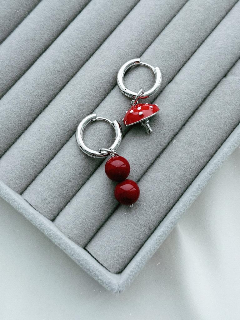 Серьги с жемчугом Майорка и мухомором (родий)