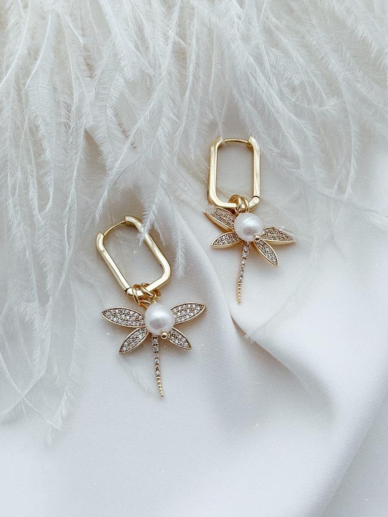Серьги c жемчугом и стрекозами (позолота)
