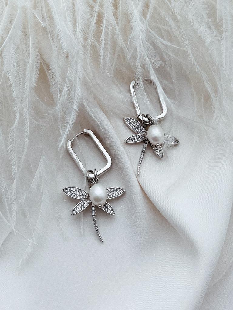 Серьги c жемчугом и стрекозами (родий)