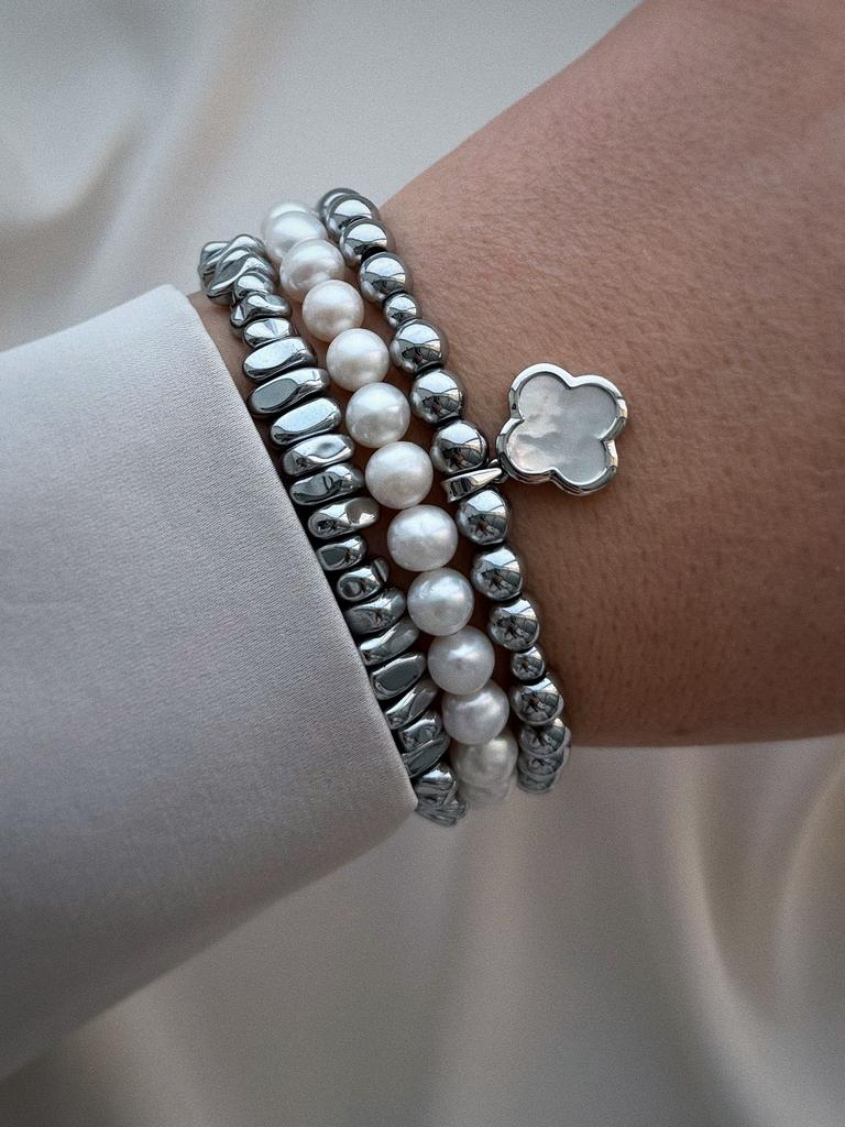 Комплект браслетов из гематита  и жемчуга (родий)