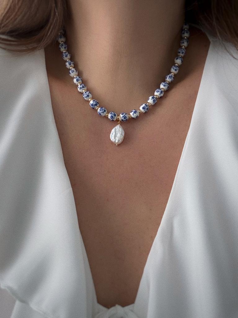 Чокер Гжель с жемчугом (позолота)