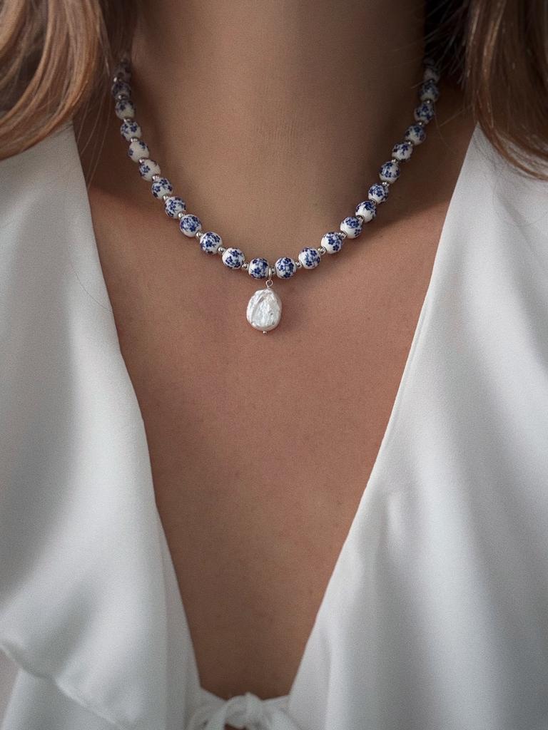 Чокер Гжель с жемчугом (родий)