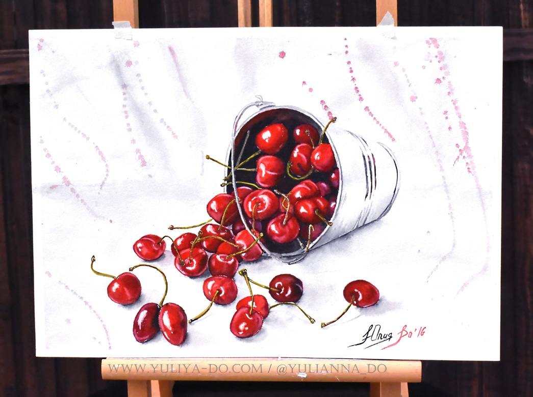 Акварельный натюрморт «Черешня в ведре»