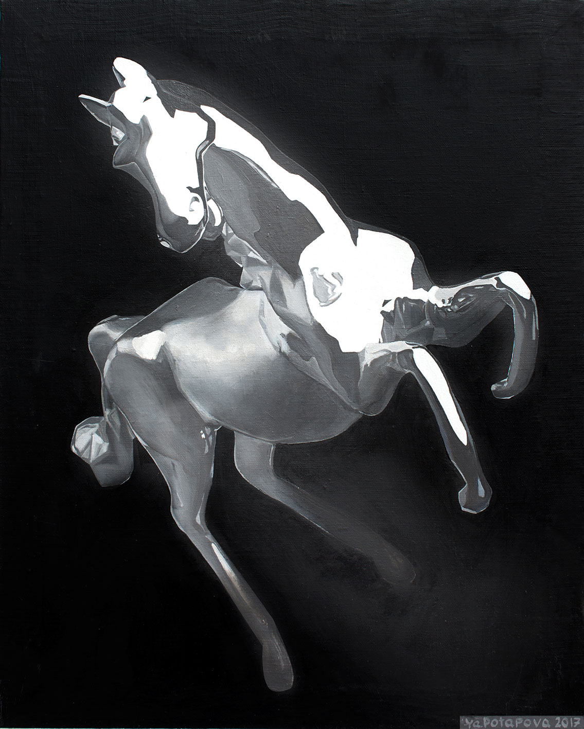 Картина со смыслом, ч/б лошадь на дыбах "Неожиданность", маслом на холсте 50х40 см, 2018, YAPOTAPOVA