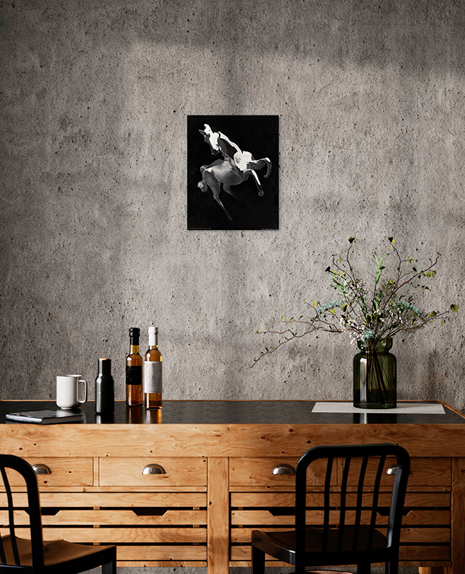 Картина со смыслом, ч/б лошадь на дыбах "Неожиданность", маслом на холсте 50х40 см, 2018, YAPOTAPOVA