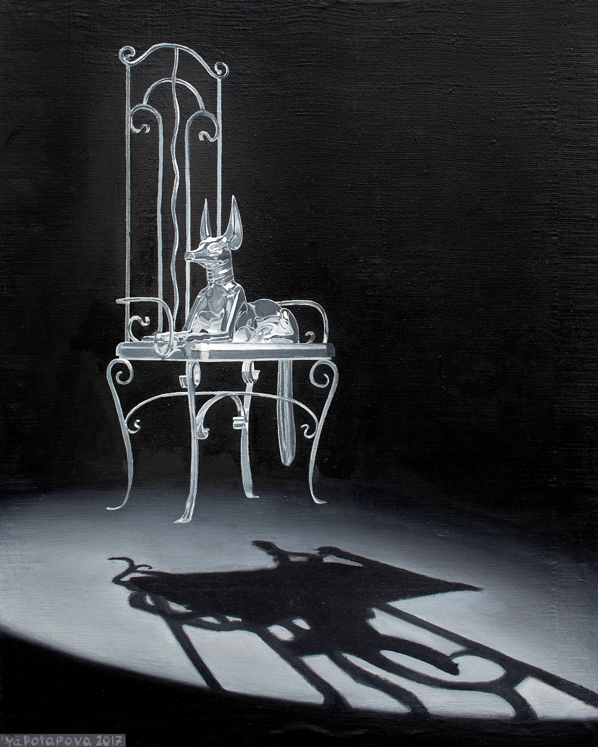 Картина со смыслом, ч/б Анубис "Уважение", маслом на холсте 50х40 см, 2017, YAPOTAPOVA