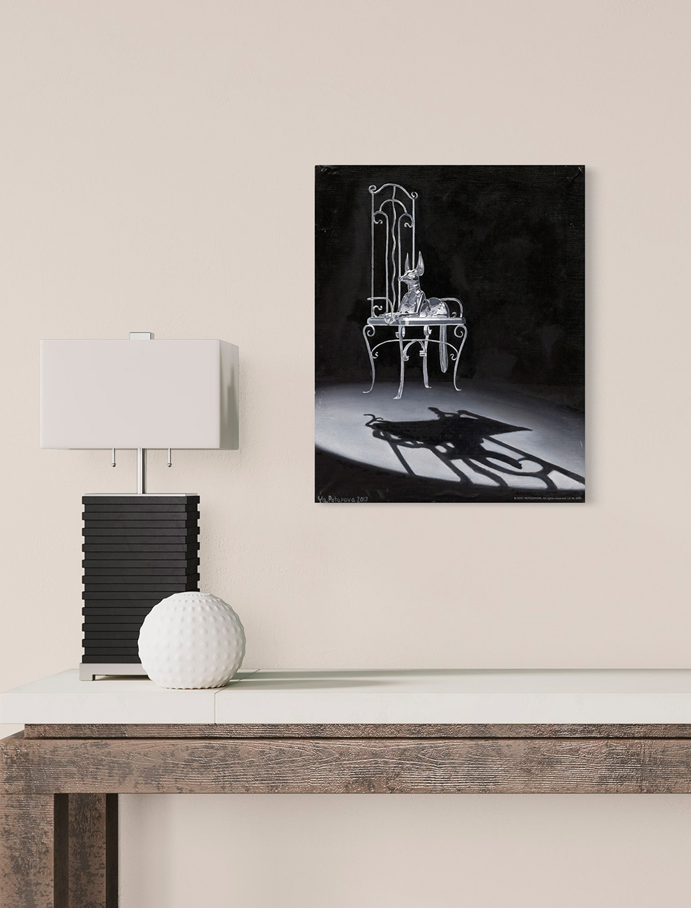 Картина со смыслом, ч/б Анубис "Уважение", маслом на холсте 50х40 см, 2017, YAPOTAPOVA