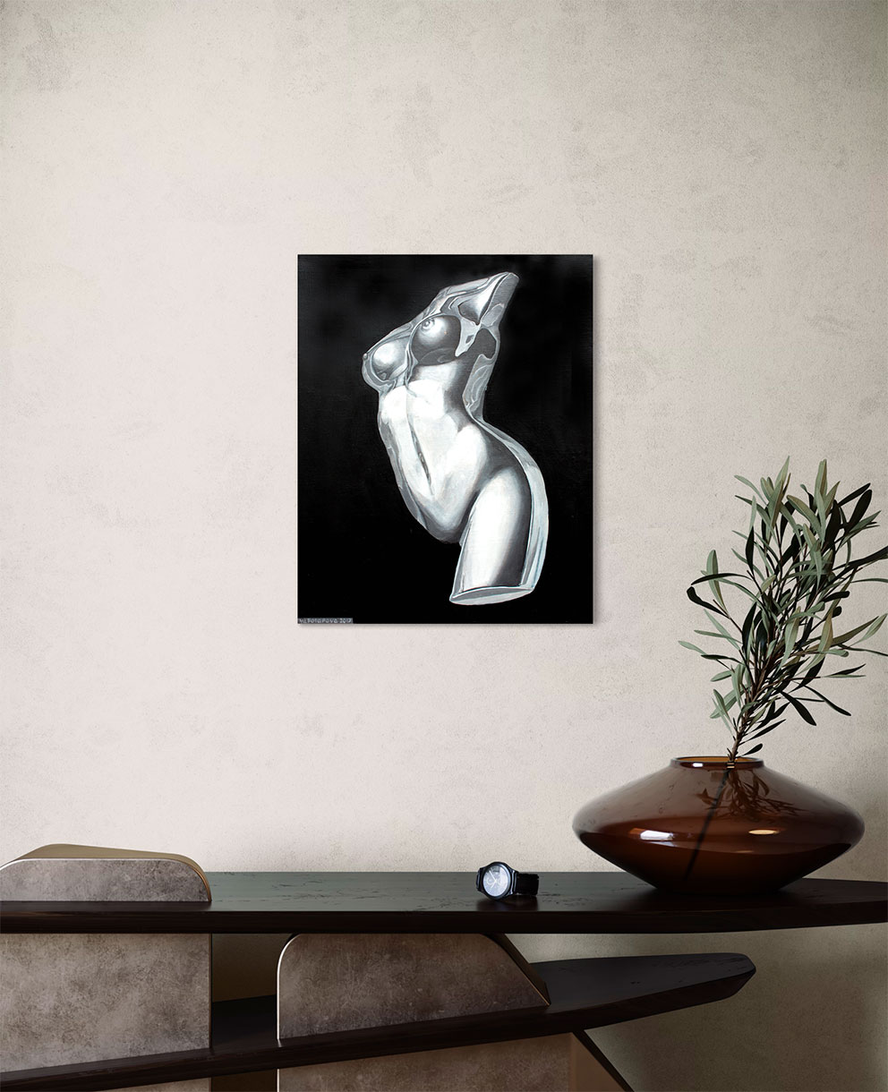 Картина со смыслом, ч/б девушка ню "Скульптура", маслом на холсте 50х40 см, YAPOTAPOVA