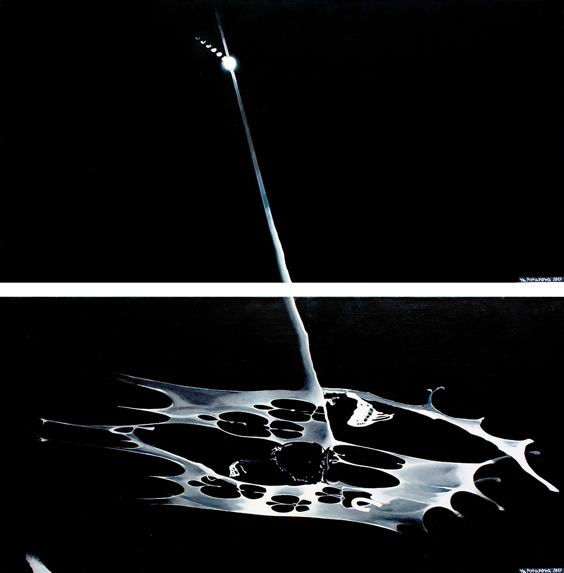 Картина со смыслом, ДИПТИХ, ч/б абстракция "Возрождение", маслом на 2-х холстах 50х100 см, 2017, YAPOTAPOVA