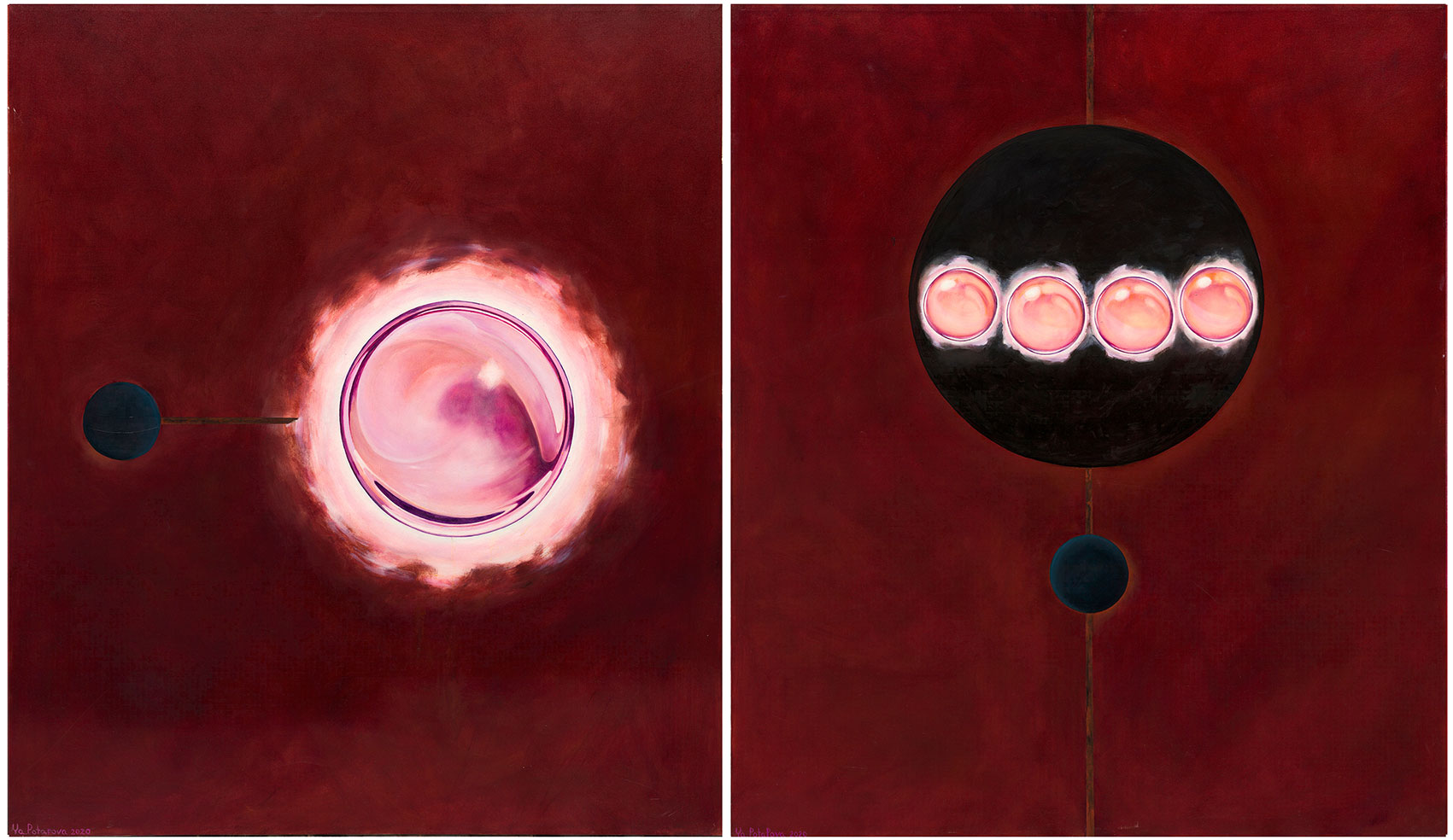 Картина со смыслом, ДИПТИХ, геометрия сферы "Коммуникация ", маслом на 2-х холстах 140х120 см, 2020, YAPOTAPOVA