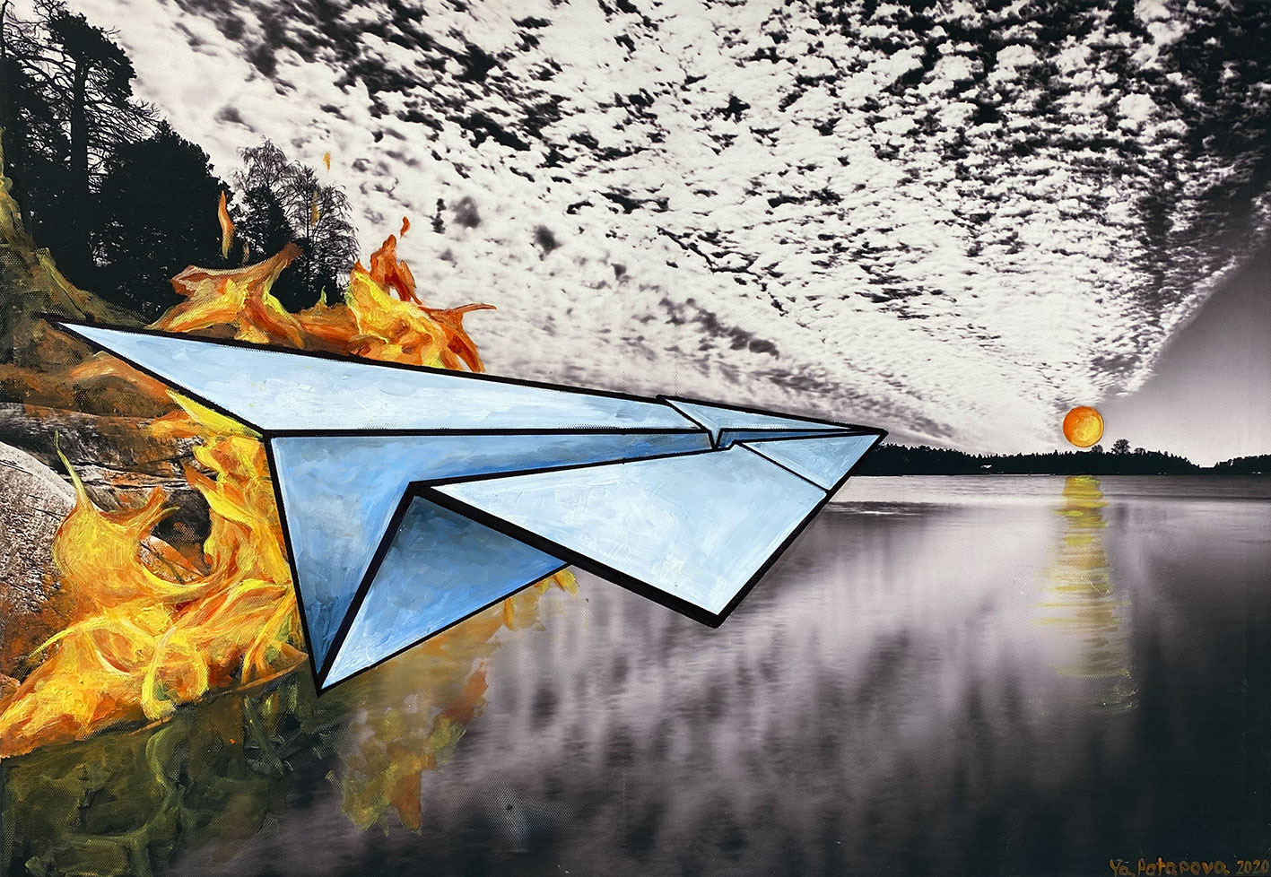 Картина со смыслом, бумажный самолетик "Свобода", маслом на холсте 45х65 см, 2020, YAPOTAPOVA. * Не для продажи.