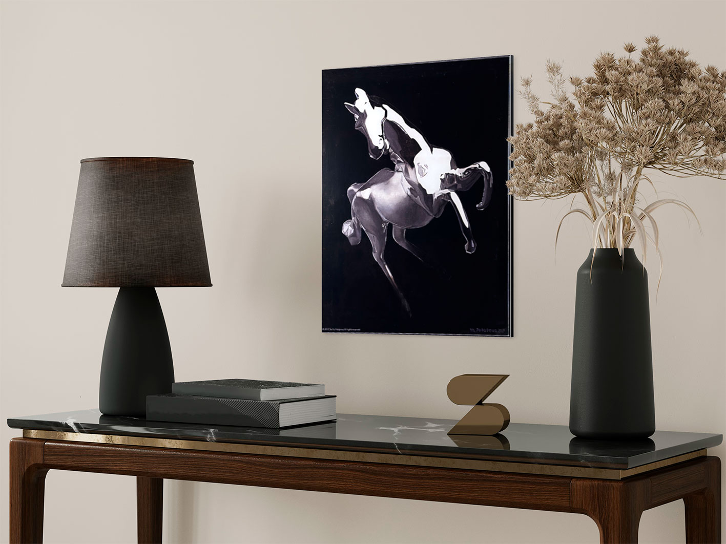 Современная принт-картина Deluxe, ч/б лошадь на дыбах "Неожиданность", 50х40 см, стекло