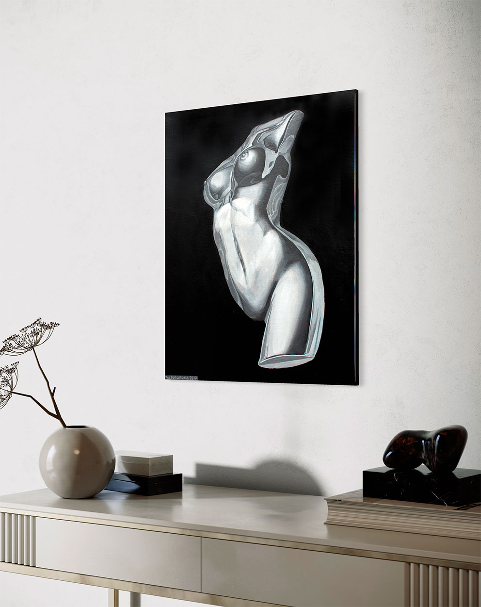 Cовременная принт-картина Deluxe, ч/б девушка ню "Скульптура", 50х40 см, стекло