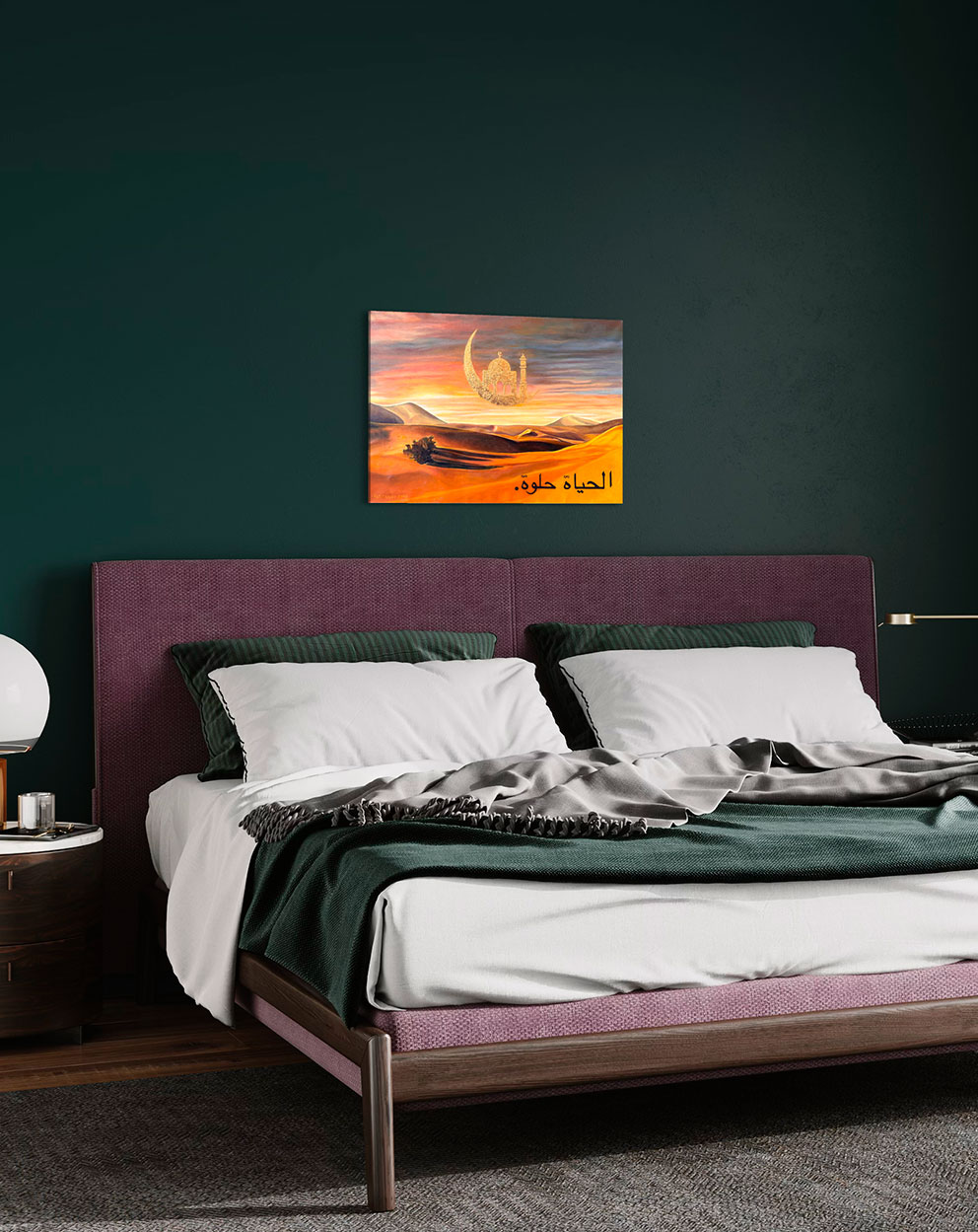 Картина со смыслом, арабская пустыня и месяц "Жизнь красива", маслом на холсте 50х70 см, 2024, YAPOTAPOVA
