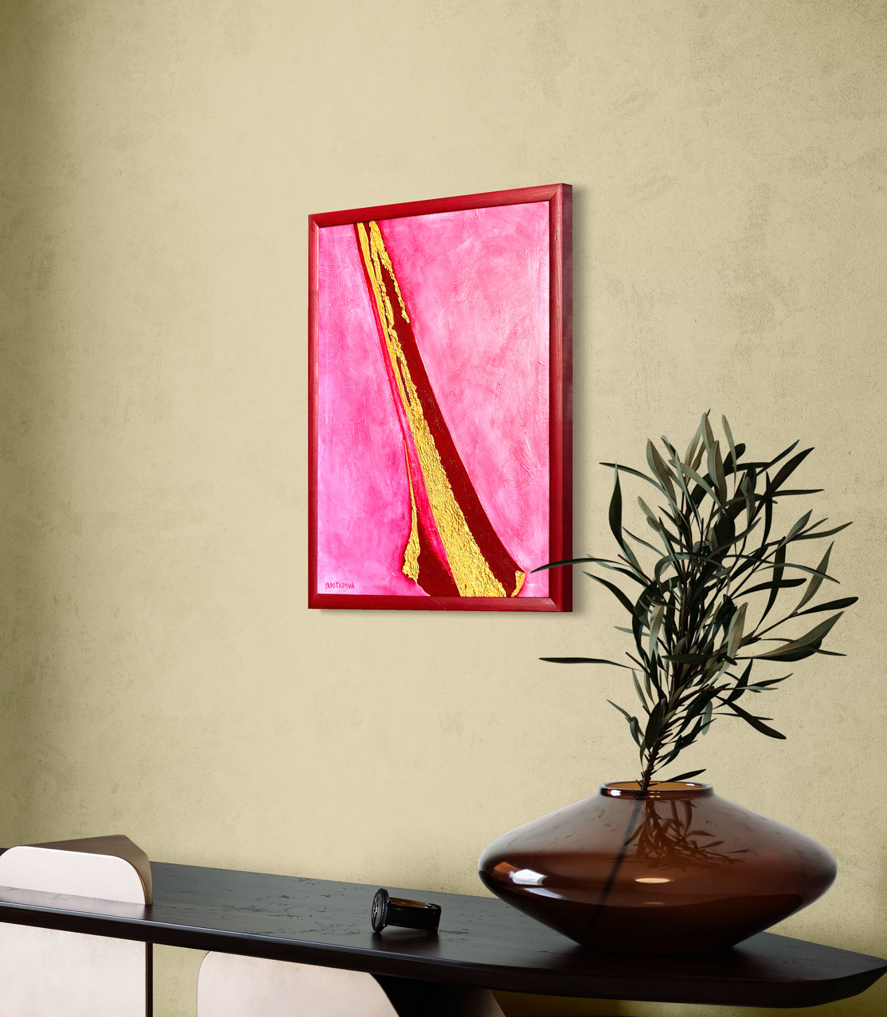 Фактурная картина "Вишневый танец", холст 50х40 см, акрил, декор. паста, поталь цвет золота