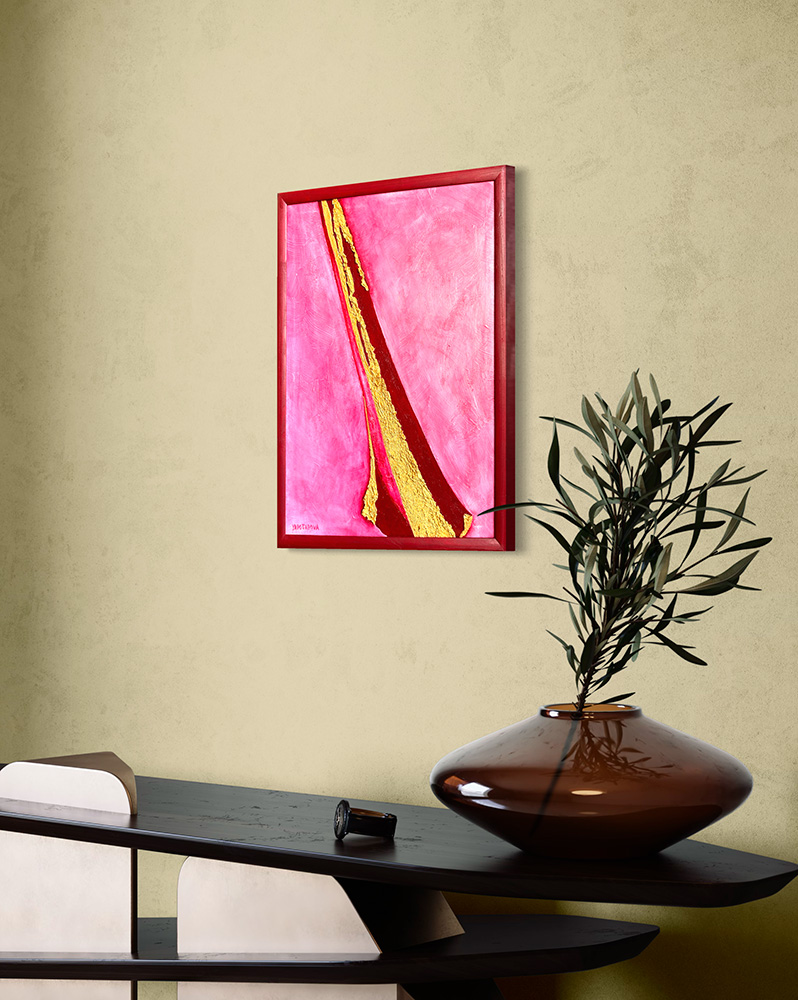 Фактурная картина "Вишневый танец", холст 50х40 см, акрил, поталь цвета золото