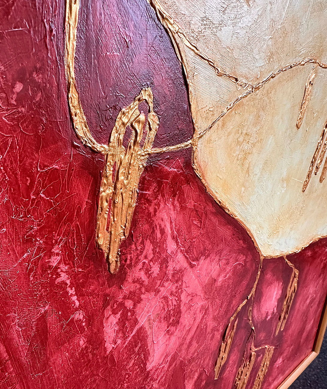 Фактурная картина "Теплый дуэт", холст 50х40 см, акрил, декор. паста, поталь цвет бронзы