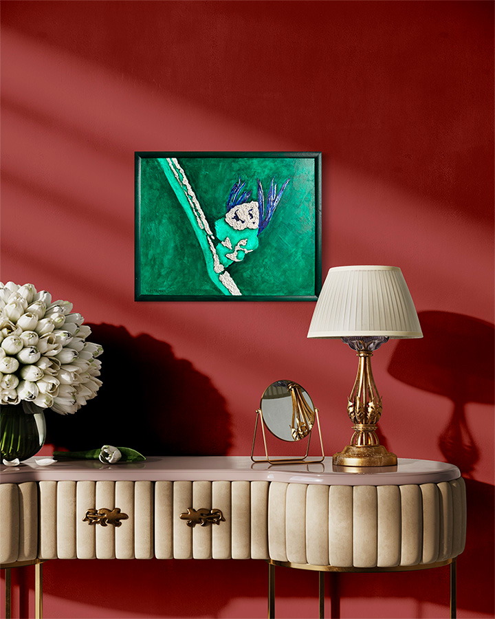 Фактурная картина "Сочный бутон", холст 50х40 см, акрил, поталь цвета серебро