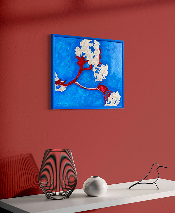 Фактурная картина "Воздушный цветок", холст 40х50 см, акрил, поталь цвета платина