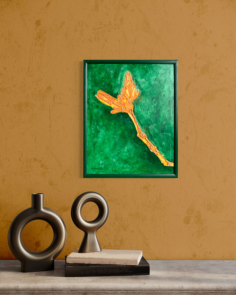 Фактурная картина "Игривый цветок", холст 50х40 см, акрил, декор. паста, поталь цвет бронзы