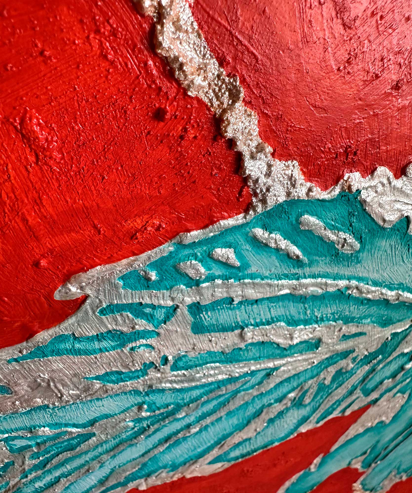 Фактурная картина "Цветок-птица", холст 50х40 см, акрил, декор. паста, поталь цвет серебра