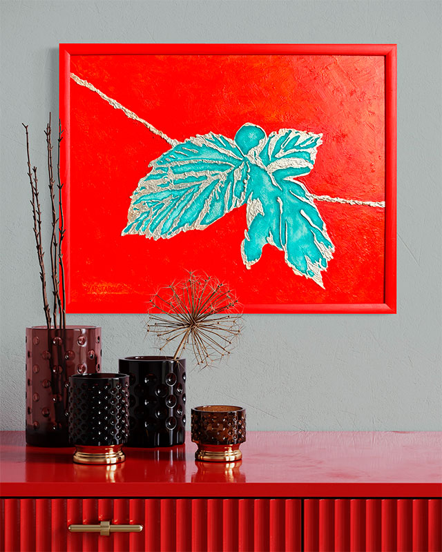 Фактурная картина "Цветок-птица", холст 50х40 см, акрил, поталь цвета бронза