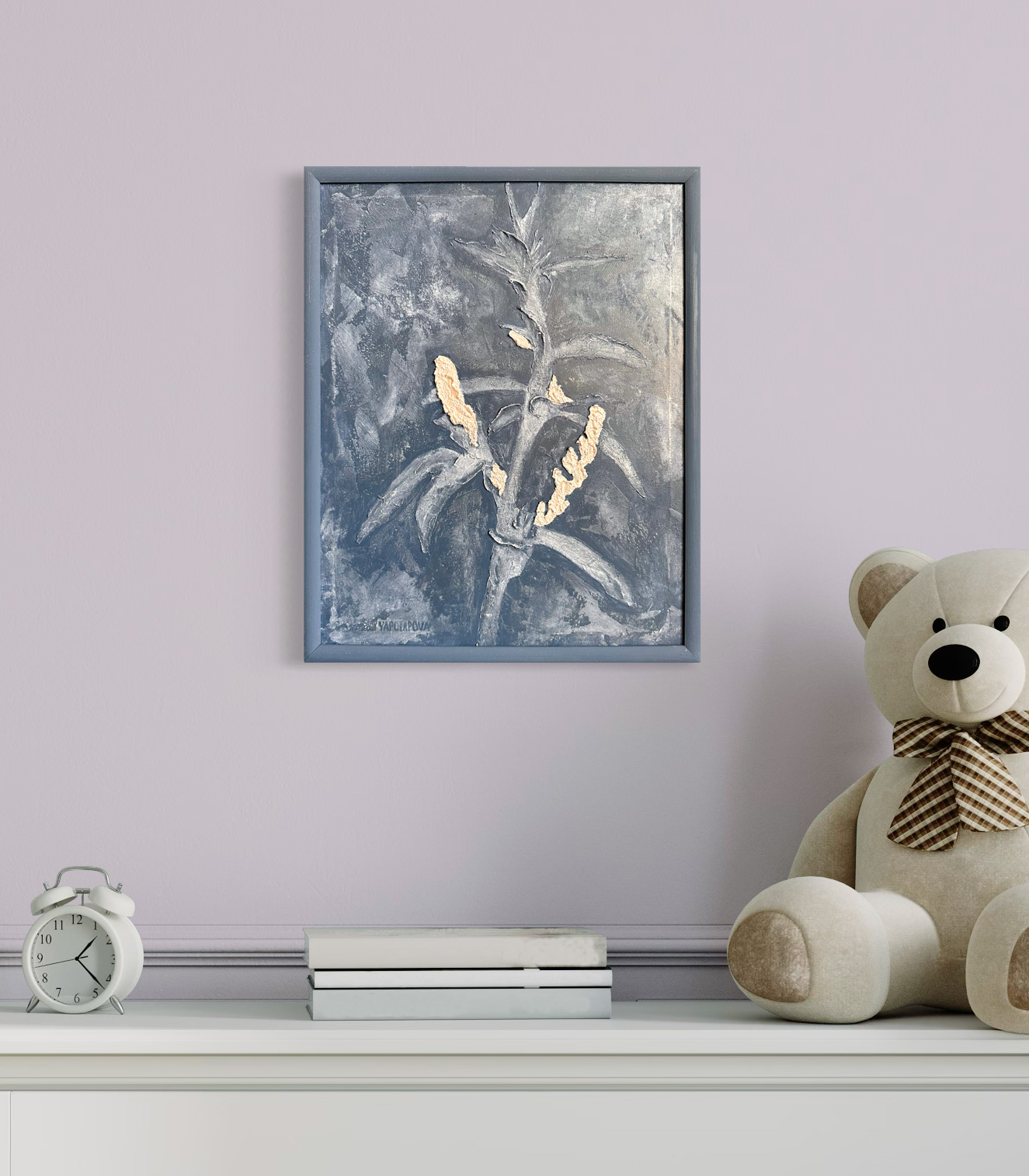 Фактурная картина "Цветок гармонии", холст 50х40 см, акрил, декор. паста, поталь цвет платины