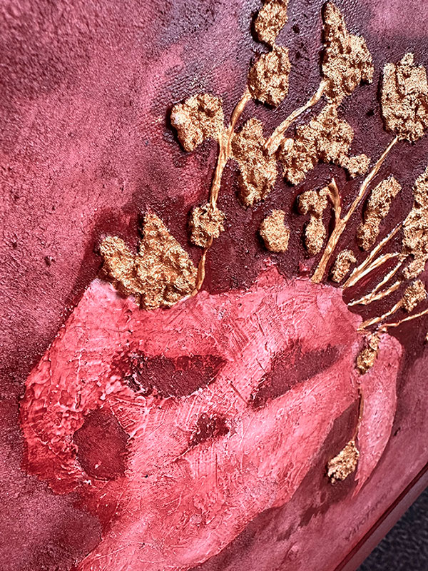 Фактурная картина "Цветок действий", холст 40х50 см, акрил, поталь цвета бронза