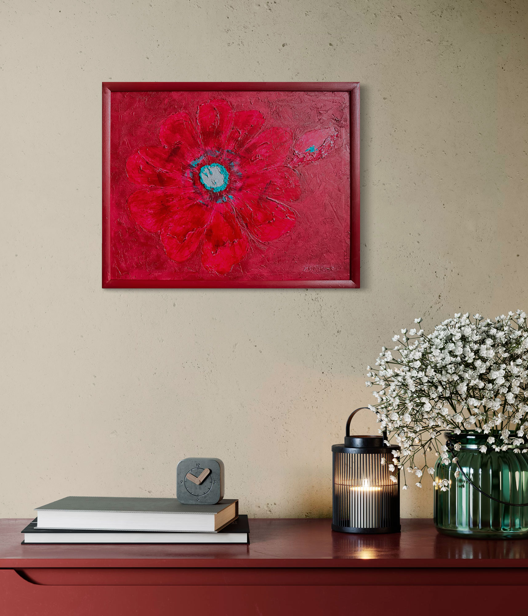 Фактурная картина "Цветочек-огонечек", холст 40х50 см, акрил, декор. паста, поталь цвет серебра