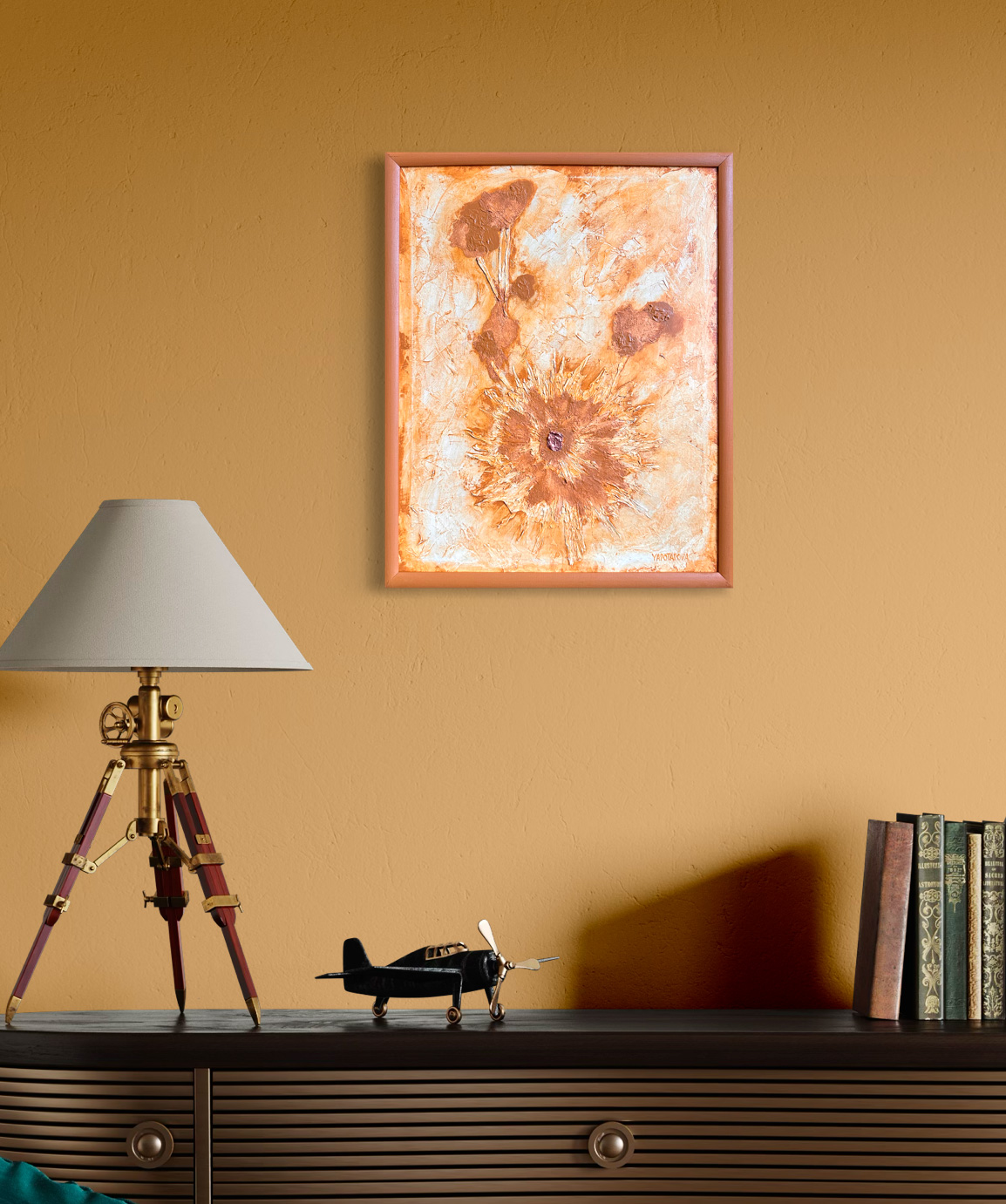 Фактурная картина "Песчаный цветок", холст 50х40 см, акрил, декор. паста, поталь цвет меди