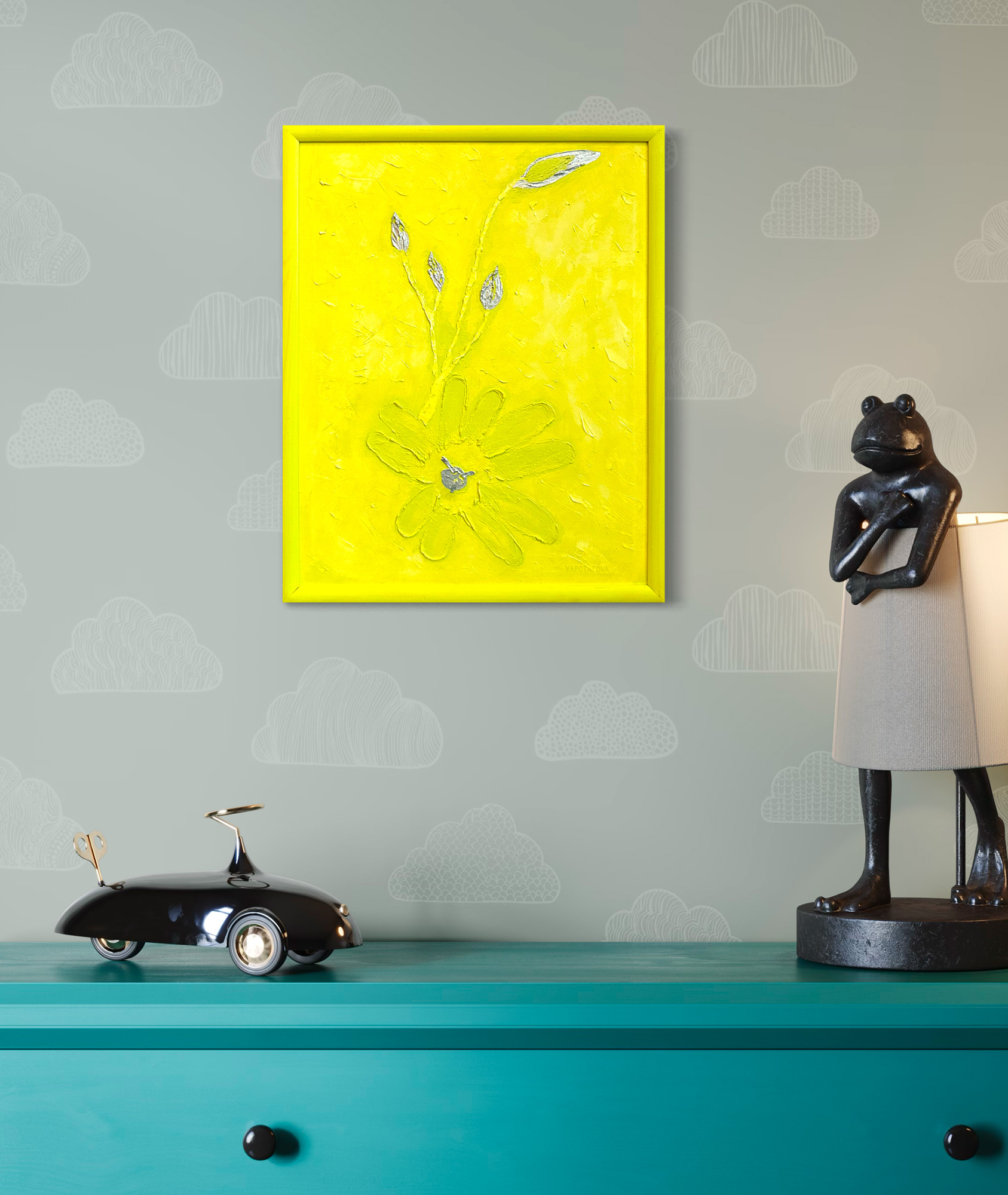 Фактурная картина "Цветок легкости", холст 50х40 см, акрил, декор. паста, поталь цвет серебра