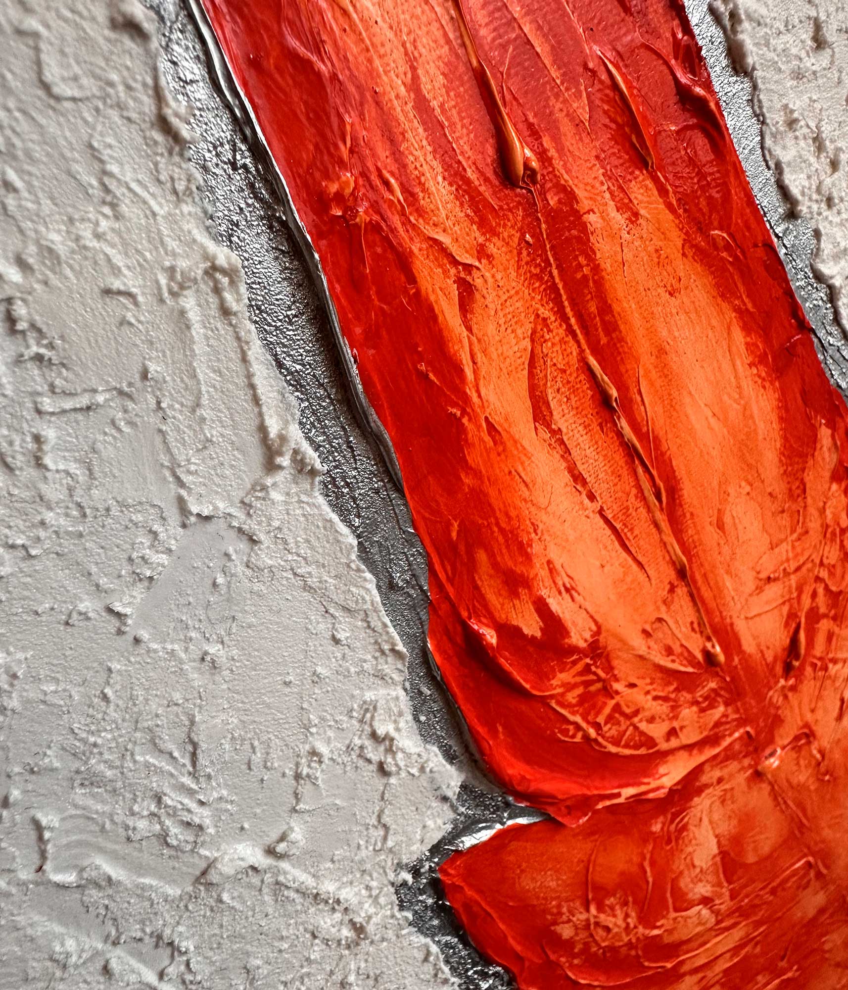 Зимняя фактурная картина листок "Зимнее пламя", холст 50х40 см, акрил, декор. паста, поталь цвет серебра