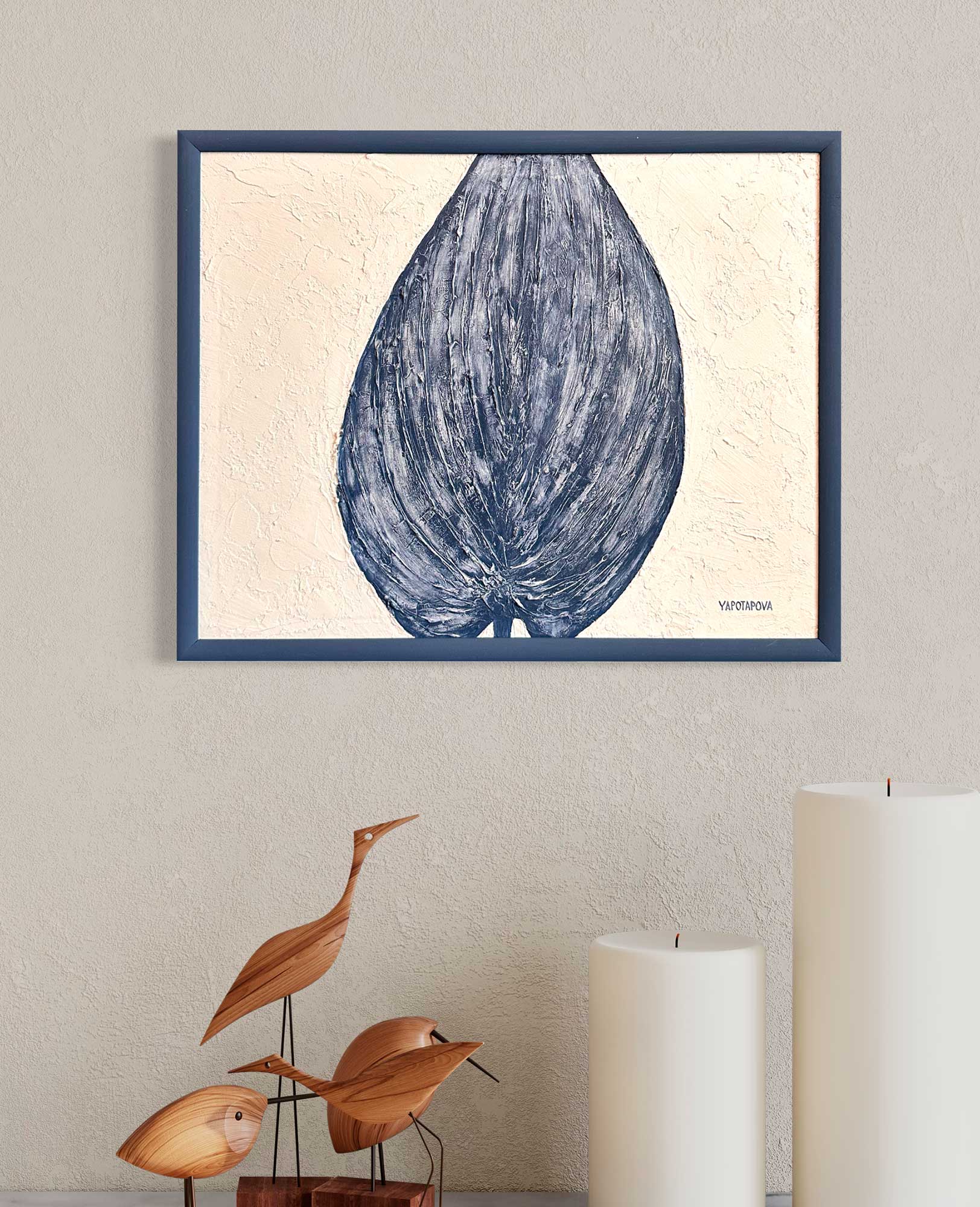 Зимняя фактурная картина листок "В гармонии", холст 40х50 см, акрил, декоративная паста