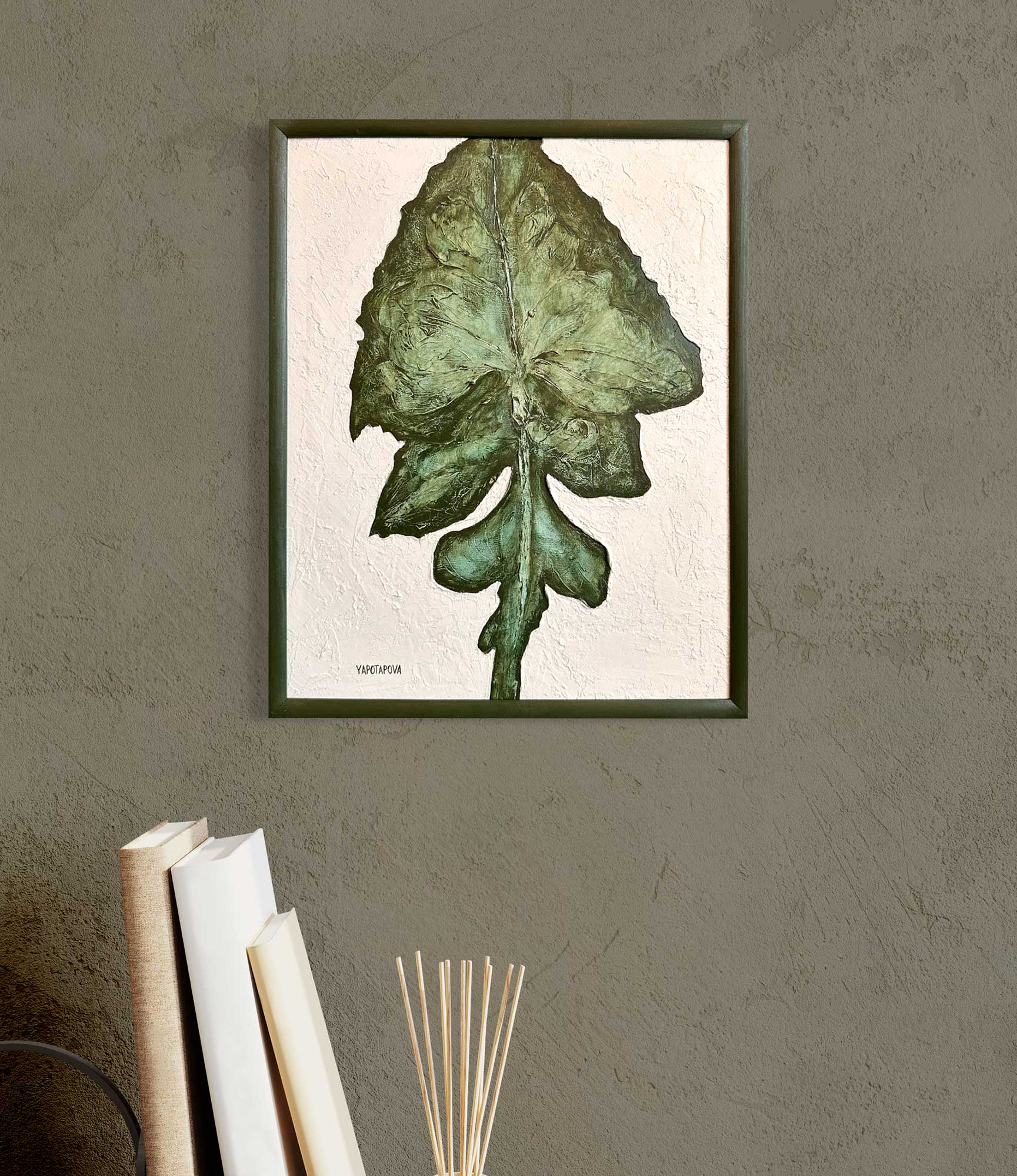 Зимняя фактурная картина листок "В балансе", холст 50х40 см, акрил, декоративная паста