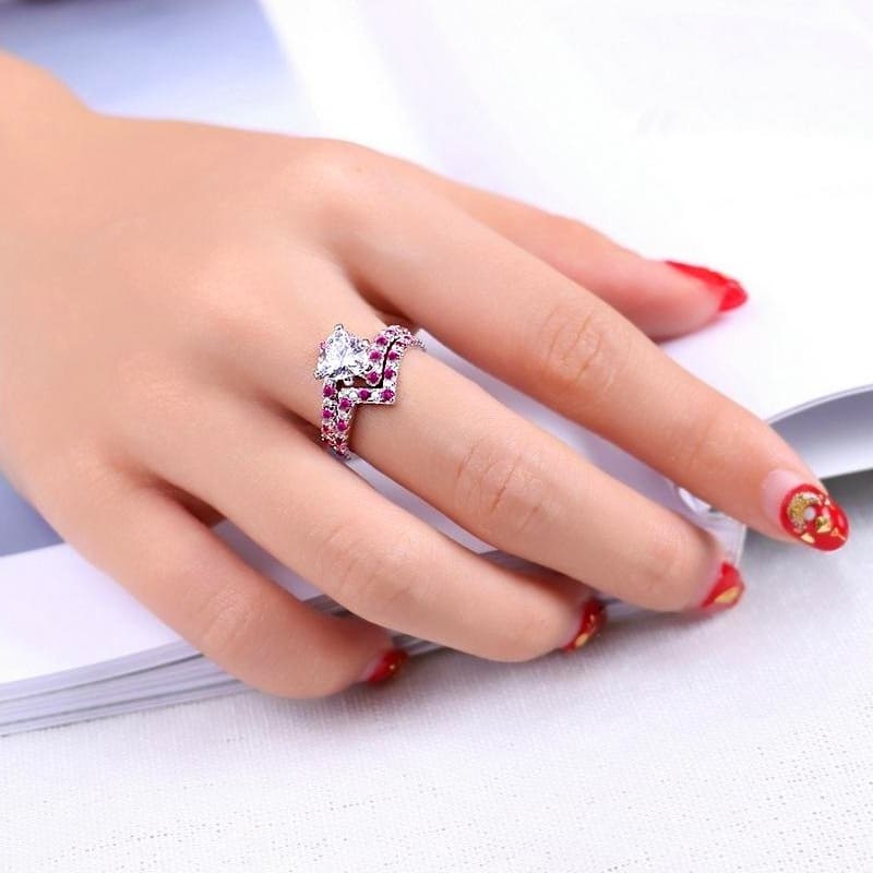 Кольцо серебряное с кристаллами Ruby & White Crystals Double Ring Silver