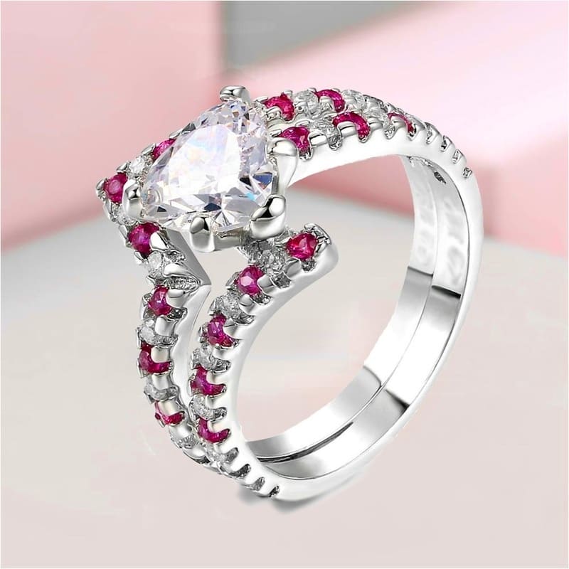 Кольцо серебряное с кристаллами Ruby & White Crystals Double Ring Silver