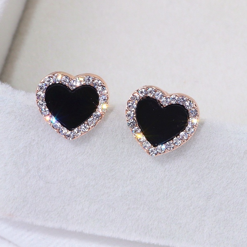 Серьги-пусеты золочёные с кристаллами Crystal Black Heart Earrings Gold