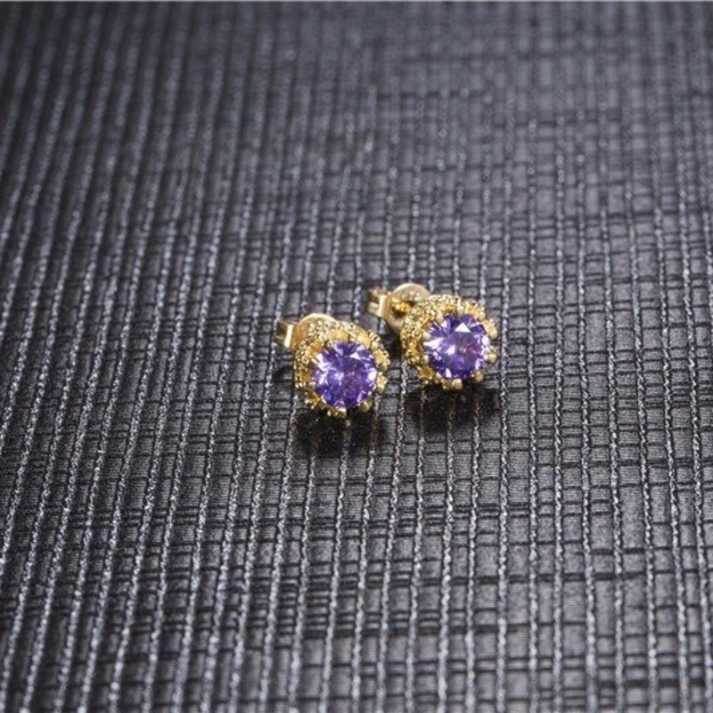 Серьги-пусеты золочёные с кристаллами Purple Crystal Princess Crown Earrings Gold