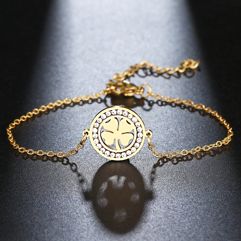 Браслет золочёный клевер с кристаллами Lucky Clover Crystal Gold