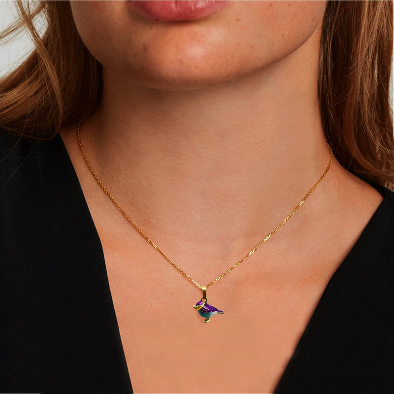 Подвеска золочёная с эмалью Enamel Bird Coracias Caudatus Necklace Gold