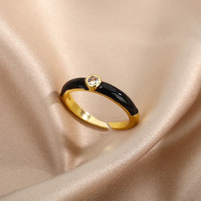 Кольцо золочёное с эмалью Black Enamel Adjustable Ring Crystal Gold