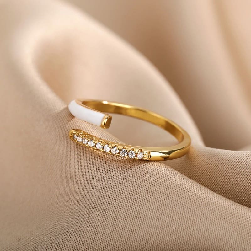 Кольцо золочёные с эмалью Adjustable Ring Crystals White Enamel Gold
