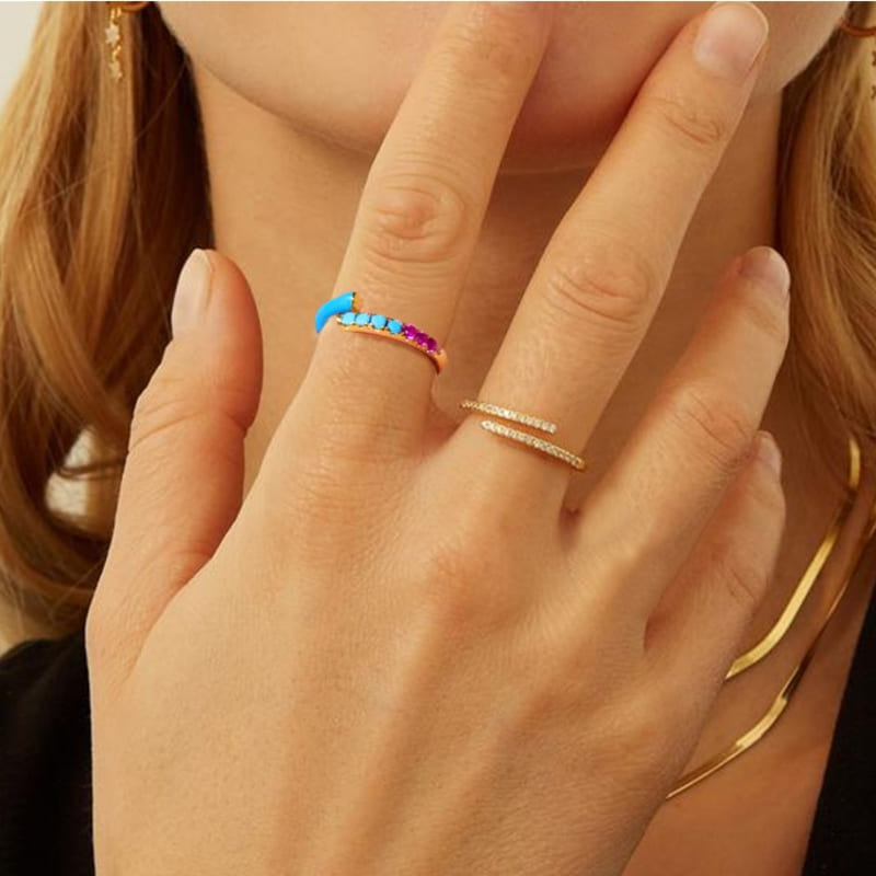 Кольцо золочёные с эмалью Adjustable Ring Colored Сrystals Blue Enamel Gold