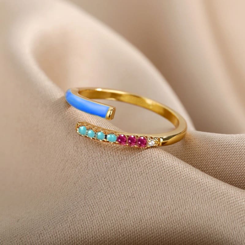Кольцо золочёные с эмалью Adjustable Ring Colored Сrystals Blue Enamel Gold