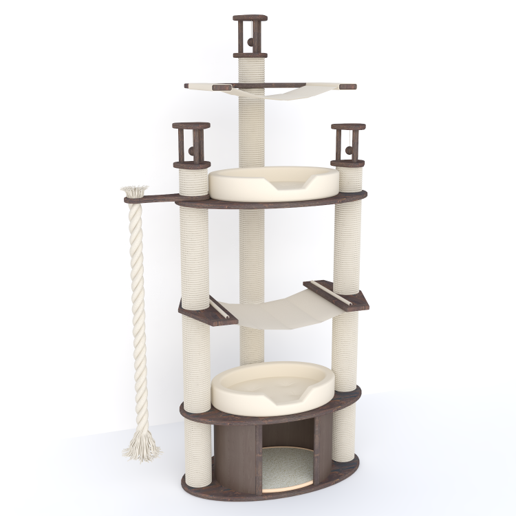 Игровой комплекс для кошек - два лежака, два гамака, канат и домик 197 см (арт. NPM16)