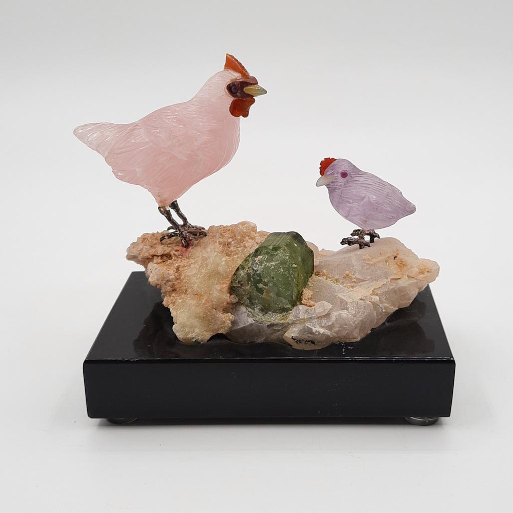 Композиция "Курица с цыплёнком", розовый кварц, аметист