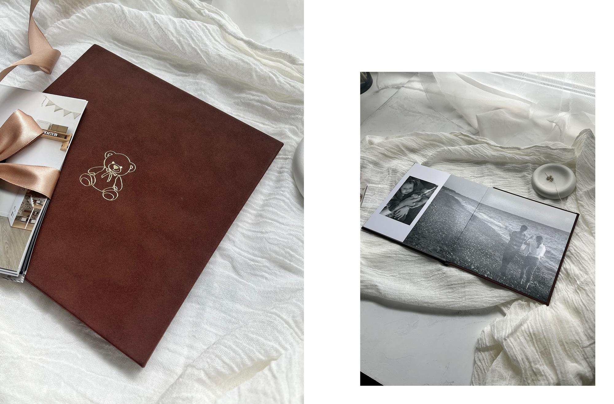 ФОТОКНИГА В КОРИЧНЕВОЙ ОБЛОЖКЕ ПОД ВЕЛЮР 20х20 СМ