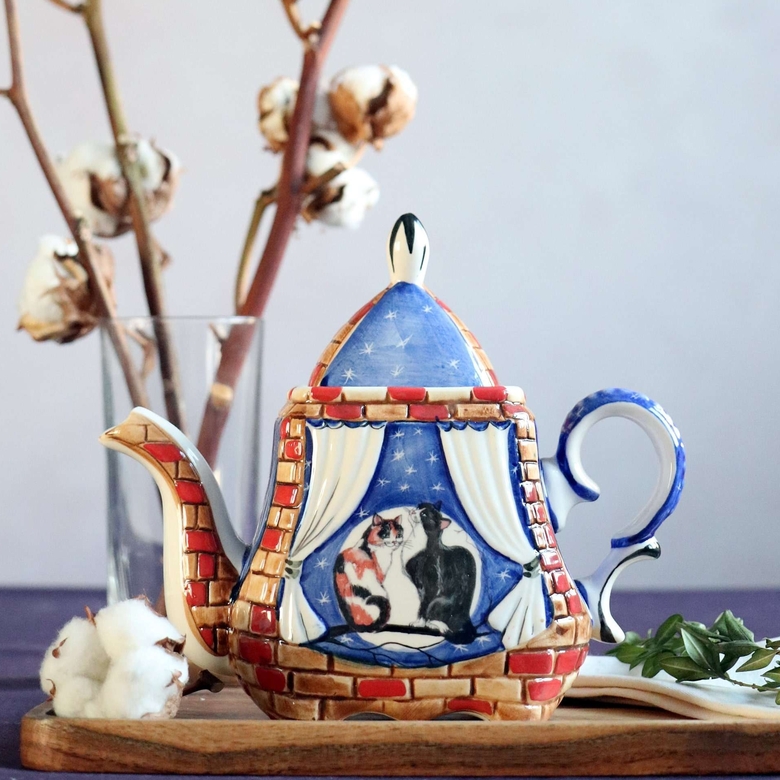 Чайник заварочный фарфоровый Коты на ветке