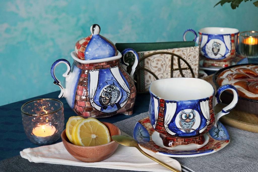Handmade porcelain tea cup and saucer “Owl. Night"