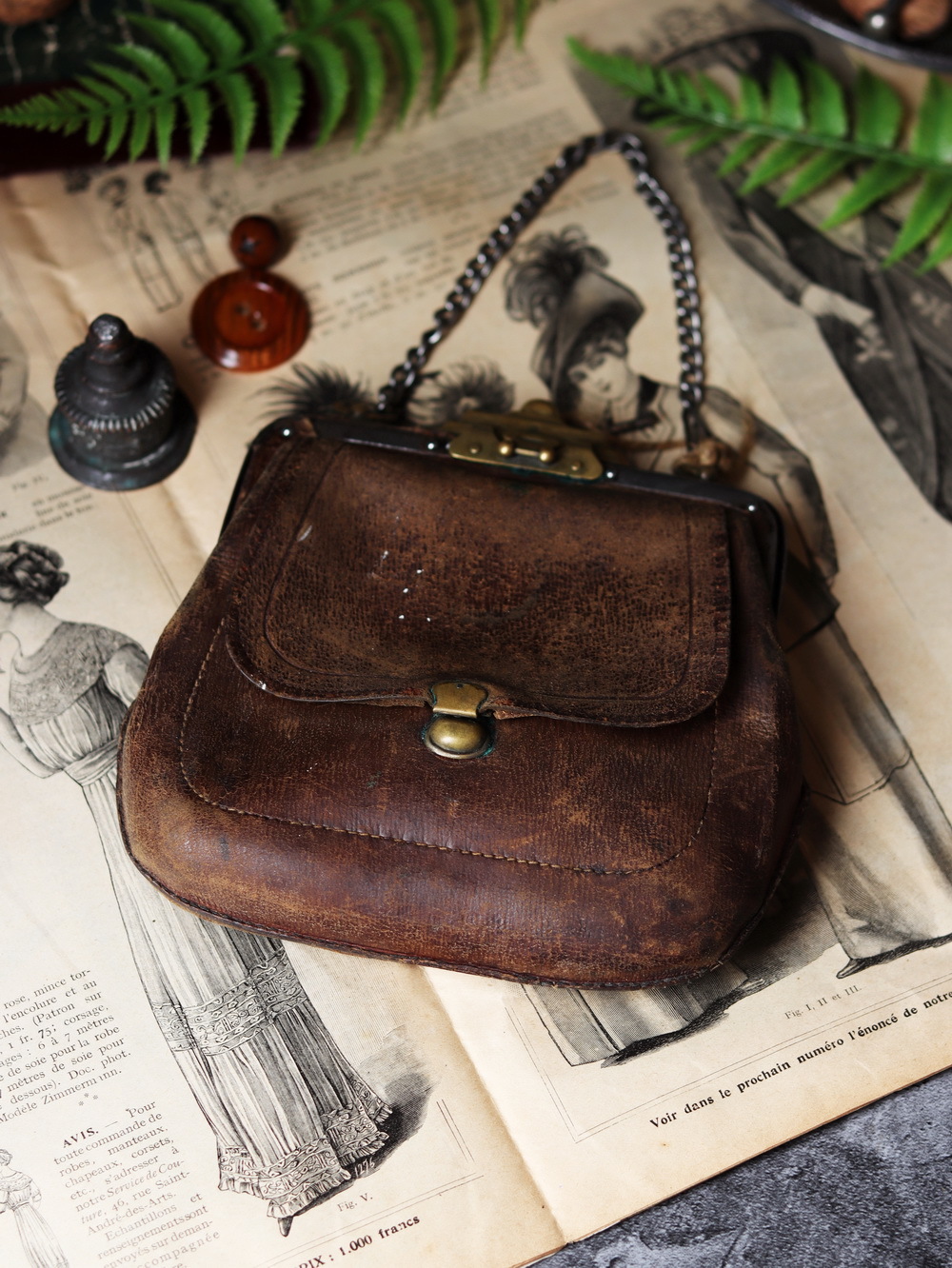 Антикварная кожаная сумочка, ар-нуво, 1890-е г.